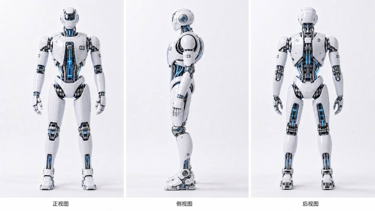 角色资产 · 机器人正、侧、背三视图