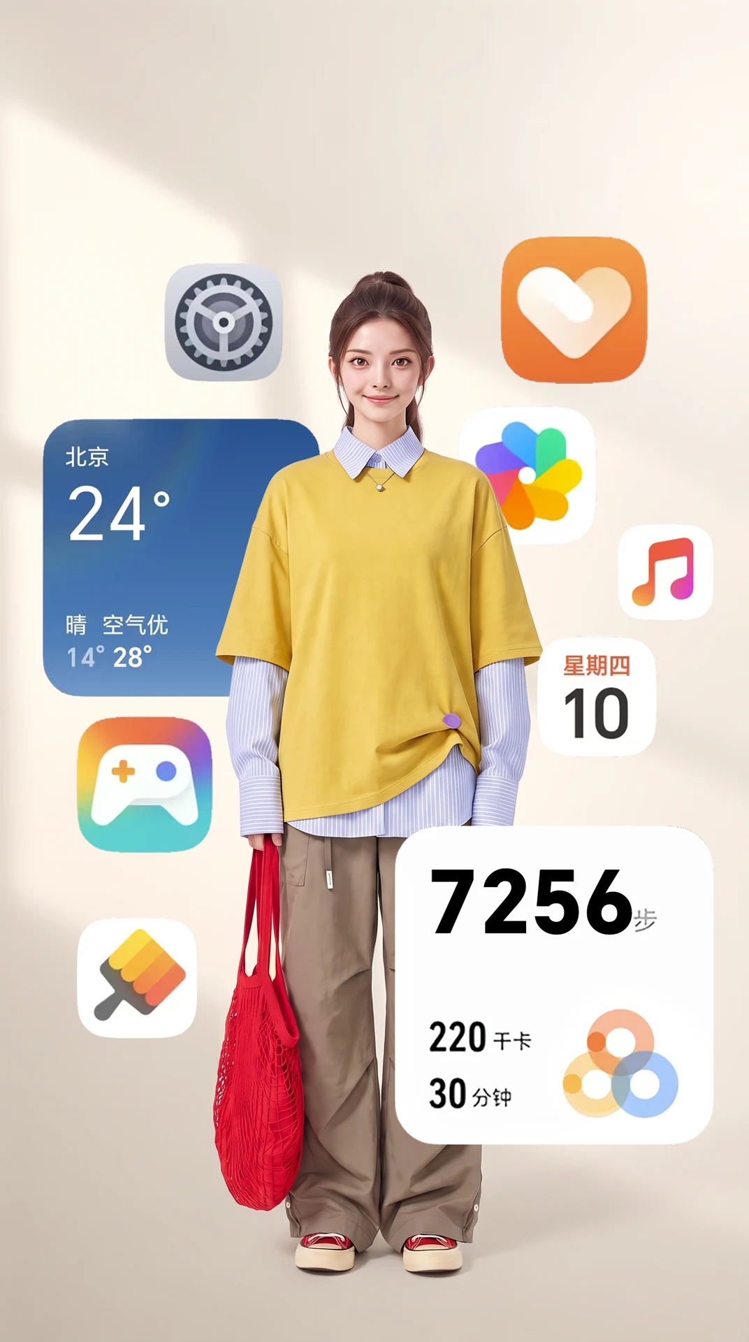 制作关键帧 · 人物、天气、健康组件与 APP 展开的大小关系
