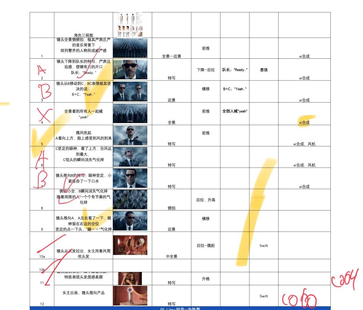 分镜与场记相关区域：含动作描述及工作批注；其中参考图不等于成片。