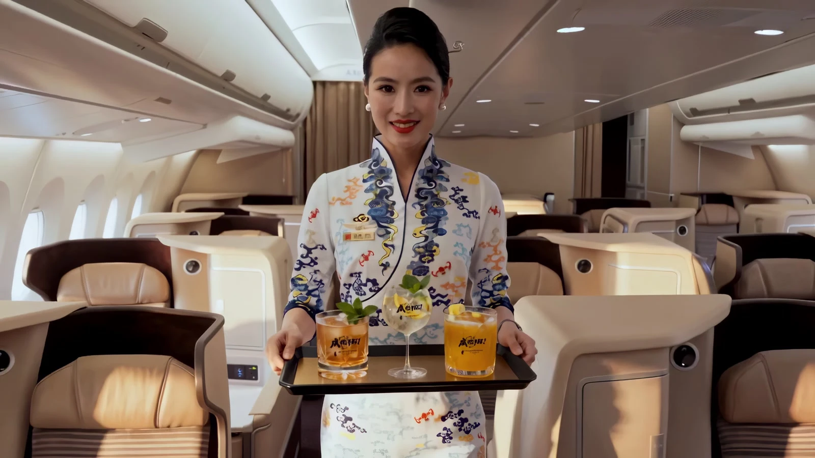 归档成片对照 · 空乘与托盘保留,背景乘客已移除