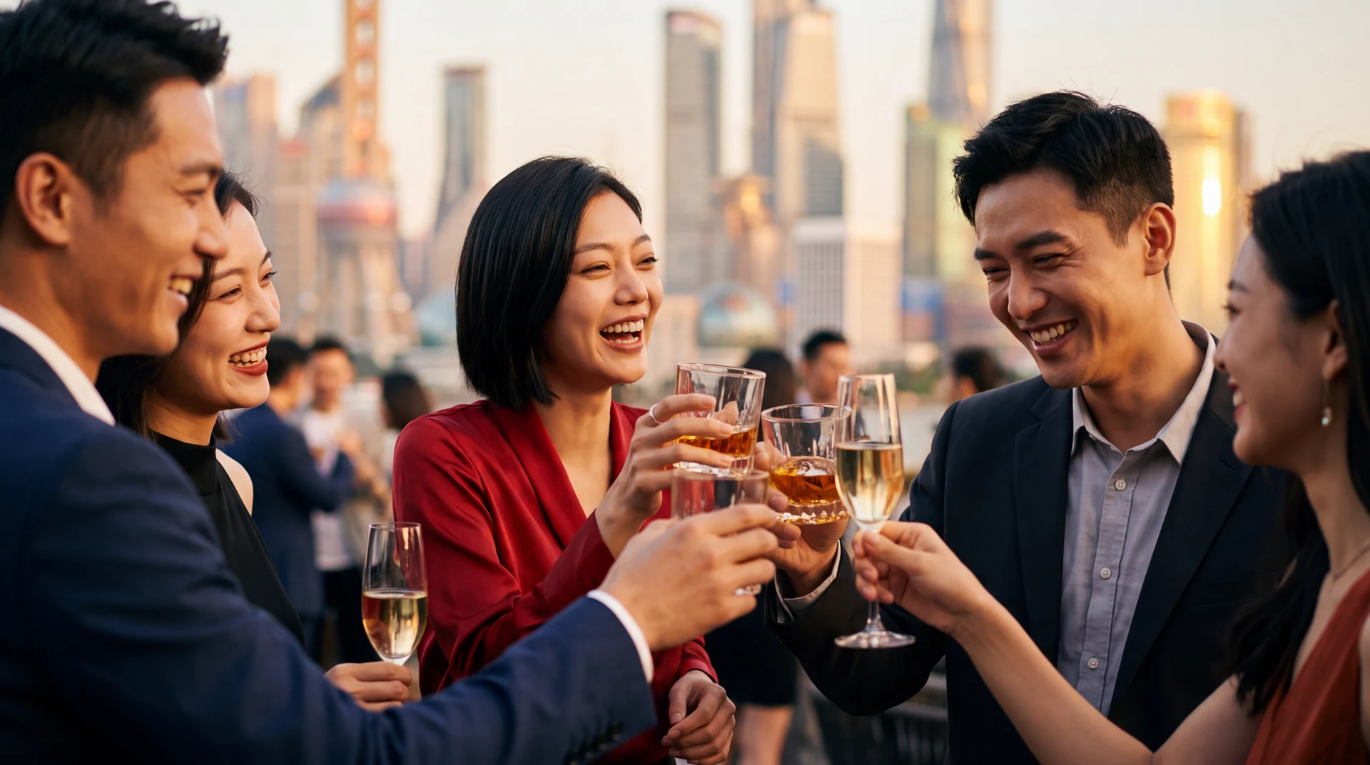 制作关键帧 · 城市背景中的多人举杯